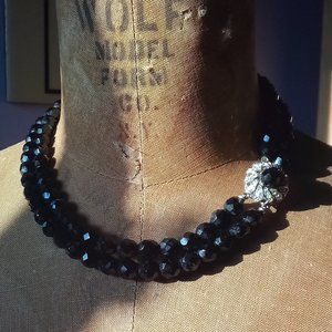 Vintage mid century 2 strand faceted black bead necklace rhinestone clasp